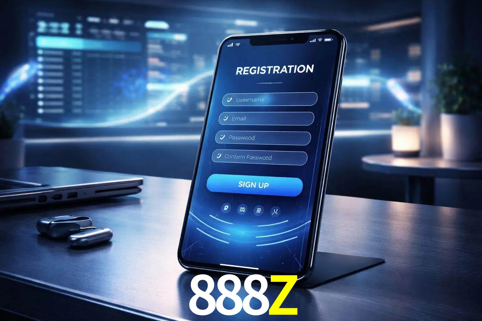Una interfaz moderna de registro móvil para 888Z mostrada en un smartphone con un panel de apuestas elegante.